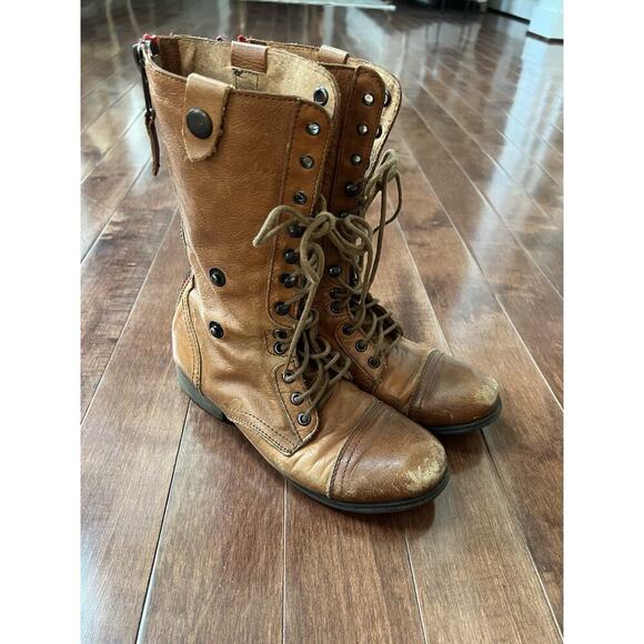 Steve Madden Camarro Ankle Boot Tan Leather Sz 7 Combat Boho Biker Victorian Y2K - Picture 9 of 13